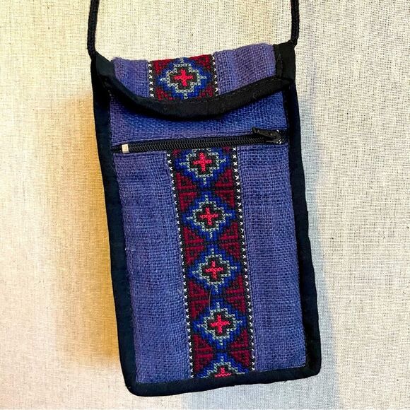 vintage Handbags - Rare Vtg Small Blue Burlap Bag Tribal Stitching 3 pockets Pouch mini Crossbody